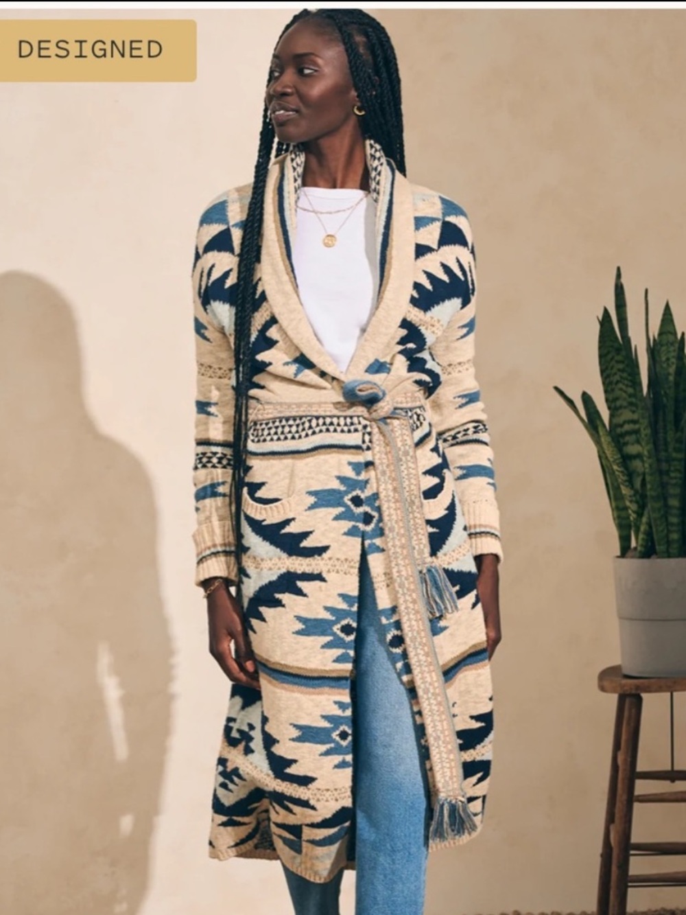 Faherty Cream and Blue Southwestern Knit Belted Cardigan